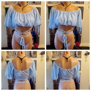 Almost Famous Genie Crop Top L. Baby Blue Semi-sheer Mesh Ties At Waist NWT